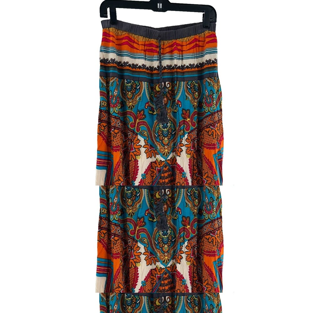 Forever 21 Boho Paisley Maxi Skirt Size M Multicolor Border Print Tassel Waist
